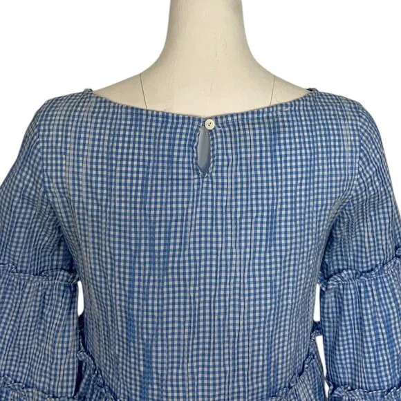 Sara Campbell Ruffle Tiered Tunic Top Blouse S Blue Gingham Bell Sleeve - Picture 10 of 14
